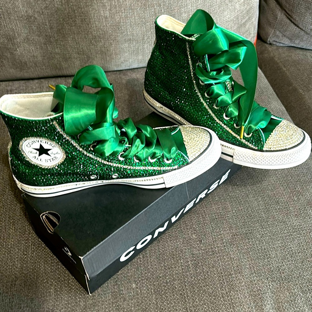 Women size 9 blinged out green converse wore once like new all stones on